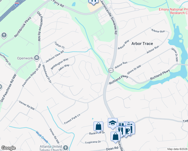 map of restaurants, bars, coffee shops, grocery stores, and more near 440 Fosters Mill Lane Northwest in Suwanee