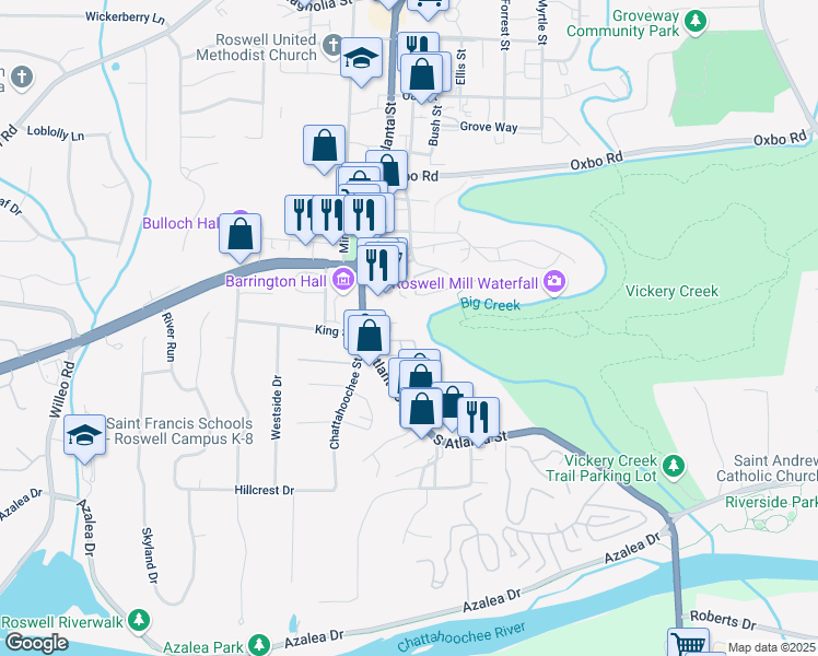 map of restaurants, bars, coffee shops, grocery stores, and more near 810 Creek View Lane in Roswell