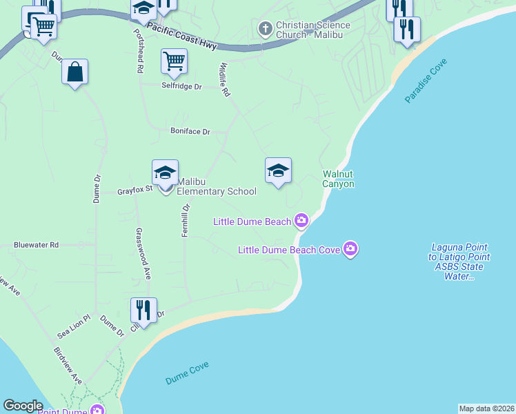 map of restaurants, bars, coffee shops, grocery stores, and more near 28867 Grayfox Street in Malibu