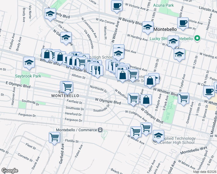 map of restaurants, bars, coffee shops, grocery stores, and more near 2117 Allston Street in Montebello