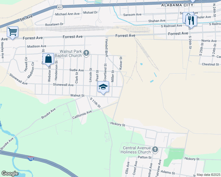 map of restaurants, bars, coffee shops, grocery stores, and more near 501 Miller Street in Gadsden