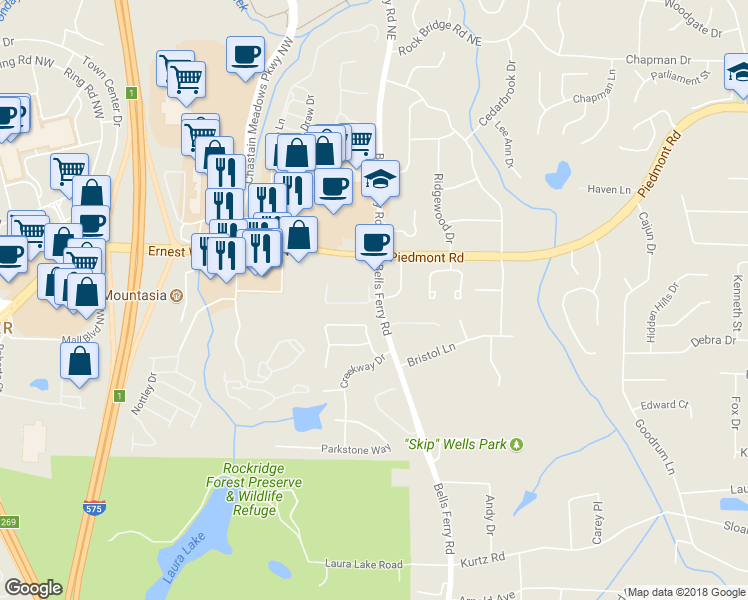map of restaurants, bars, coffee shops, grocery stores, and more near 62 Highoak Drive in Marietta