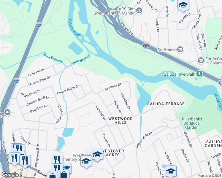 map of restaurants, bars, coffee shops, grocery stores, and more near 1524 Alpine Drive in West Columbia