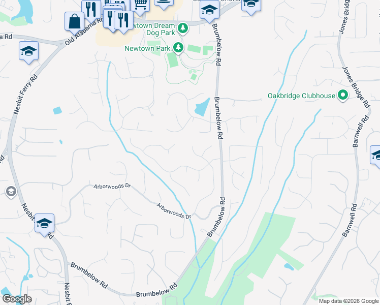 map of restaurants, bars, coffee shops, grocery stores, and more near 3445 Arborwoods Drive in Alpharetta
