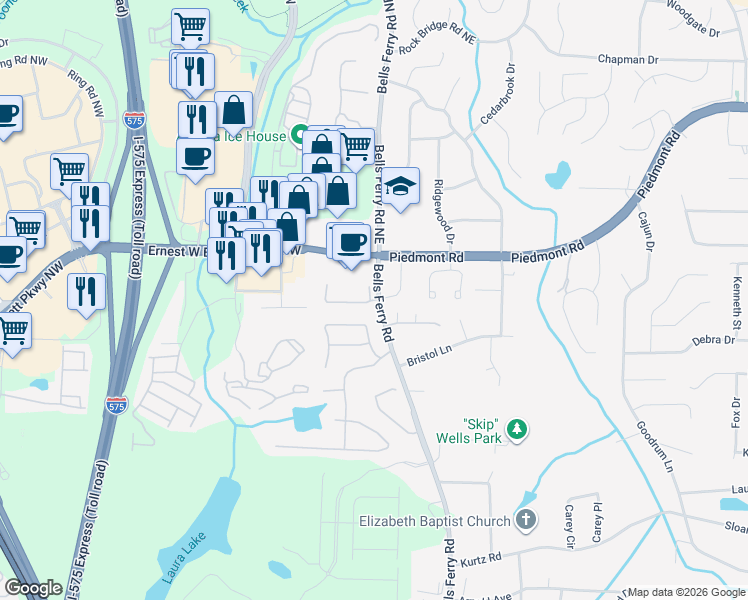 map of restaurants, bars, coffee shops, grocery stores, and more near 54 Highoak Drive in Marietta