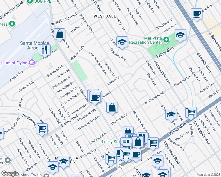 map of restaurants, bars, coffee shops, grocery stores, and more near 3470 Grand View Boulevard in Los Angeles