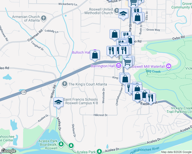 map of restaurants, bars, coffee shops, grocery stores, and more near 110 Spring Drive in Roswell
