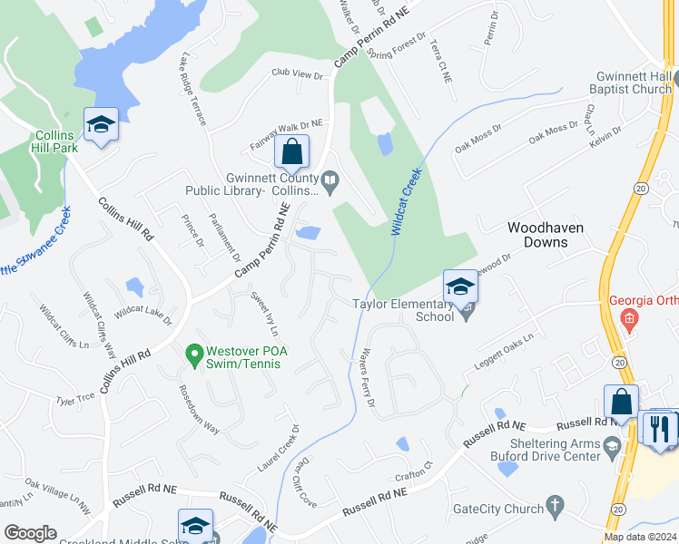 map of restaurants, bars, coffee shops, grocery stores, and more near 1835 Wildcat Creek Court in Lawrenceville