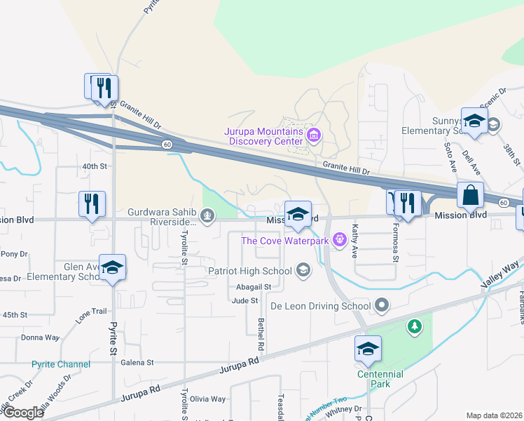 map of restaurants, bars, coffee shops, grocery stores, and more near 7807 Mission Boulevard in Jurupa Valley
