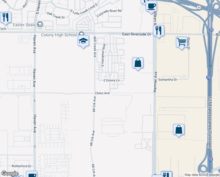 map of restaurants, bars, coffee shops, grocery stores, and more near 3984 East Oakwood Drive in Ontario