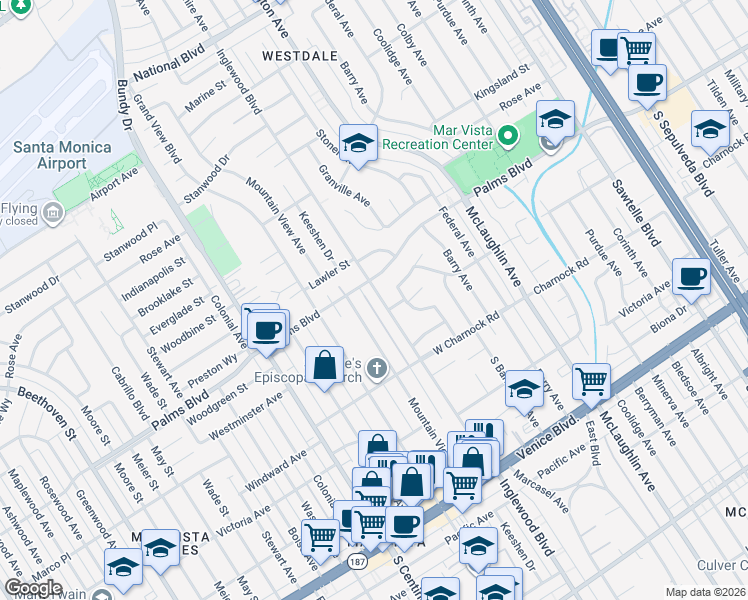 map of restaurants, bars, coffee shops, grocery stores, and more near 3517 Inglewood Boulevard in Los Angeles