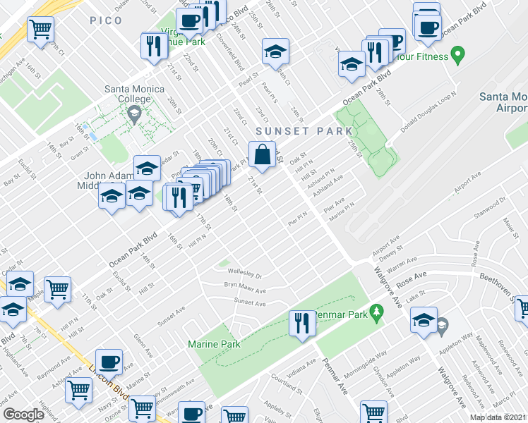 map of restaurants, bars, coffee shops, grocery stores, and more near 2020 Hill Street in Santa Monica