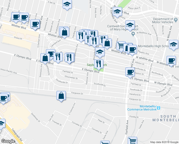 map of restaurants, bars, coffee shops, grocery stores, and more near 6206 East Olympic Boulevard in Los Angeles