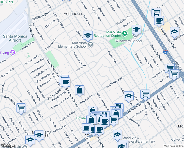 map of restaurants, bars, coffee shops, grocery stores, and more near 3517 Inglewood Boulevard in Los Angeles