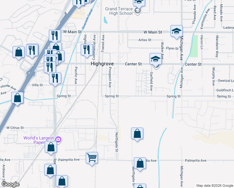 map of restaurants, bars, coffee shops, grocery stores, and more near 877 Spring Street in Riverside