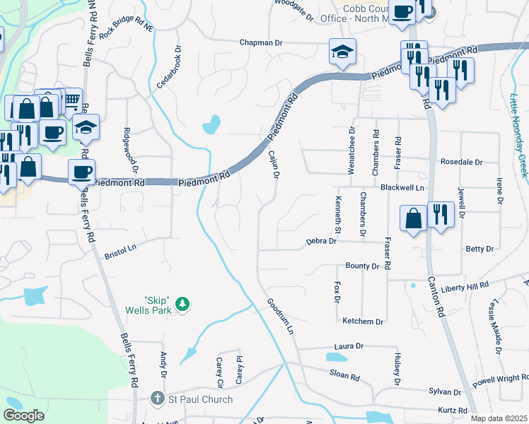 map of restaurants, bars, coffee shops, grocery stores, and more near 2510 Cajun Drive in Marietta