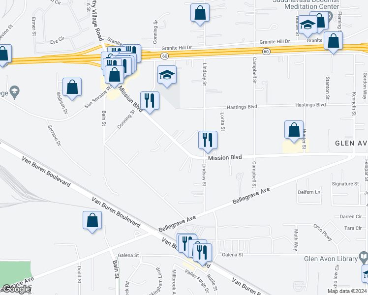 map of restaurants, bars, coffee shops, grocery stores, and more near in Jurupa Valley