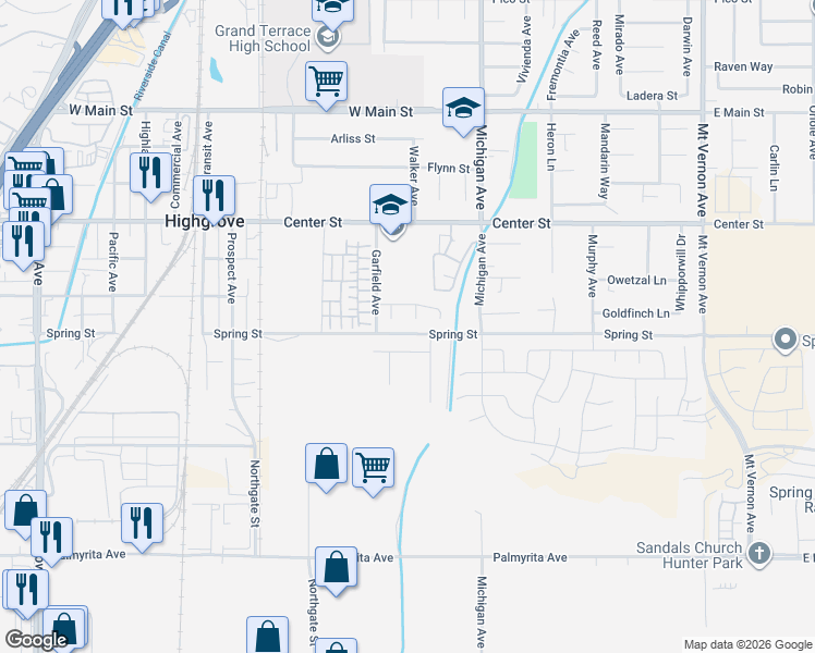 map of restaurants, bars, coffee shops, grocery stores, and more near 7334 Sage Tree Court in Riverside