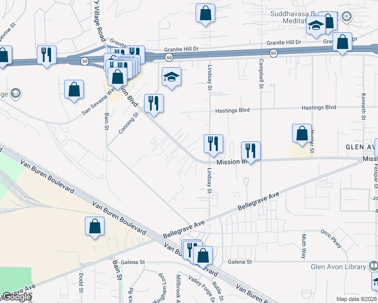map of restaurants, bars, coffee shops, grocery stores, and more near 9855 Mission Boulevard in Riverside