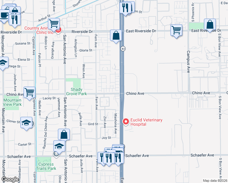 map of restaurants, bars, coffee shops, grocery stores, and more near 6993 Vining Street in Chino