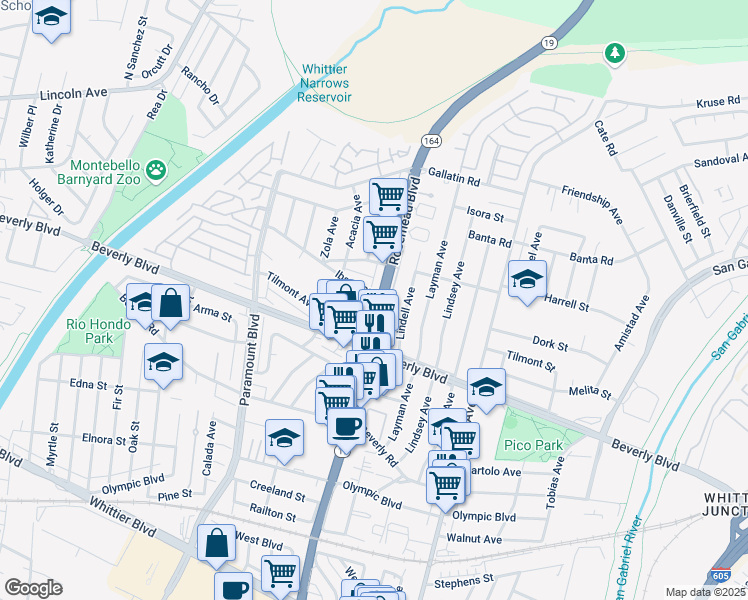 map of restaurants, bars, coffee shops, grocery stores, and more near 4274 Rosemead Boulevard in Pico Rivera