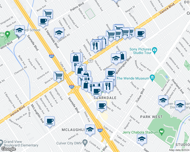 map of restaurants, bars, coffee shops, grocery stores, and more near 11046 Matteson Avenue in Culver City