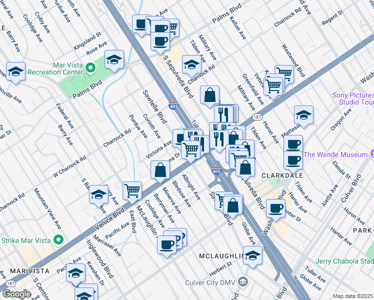 map of restaurants, bars, coffee shops, grocery stores, and more near in Los Angeles
