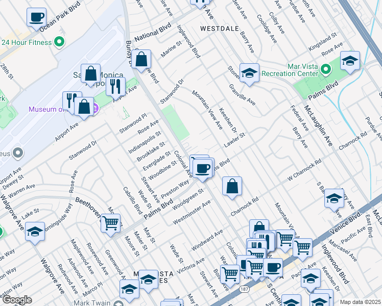 map of restaurants, bars, coffee shops, grocery stores, and more near 3406 South Centinela Avenue in Los Angeles