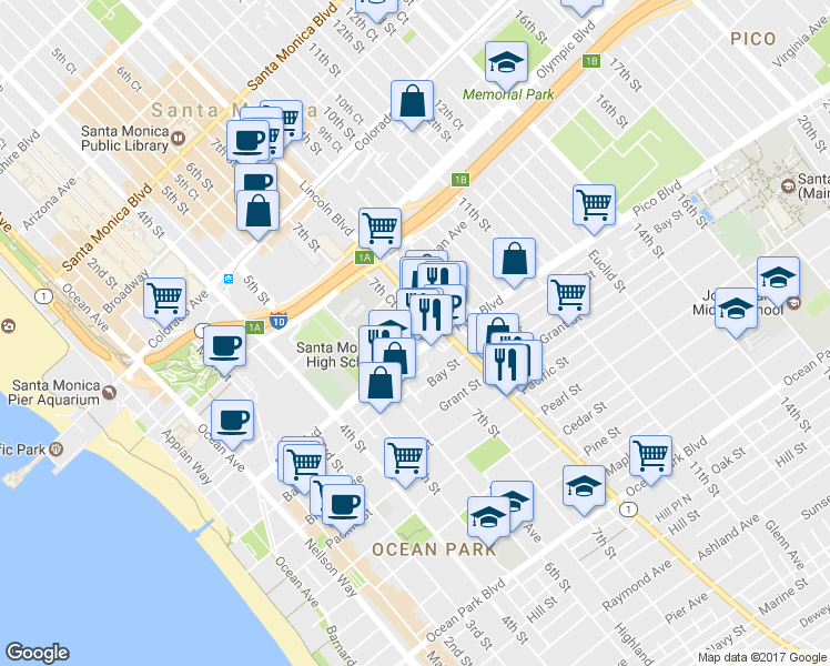 map of restaurants, bars, coffee shops, grocery stores, and more near 1866 California 1 in Santa Monica