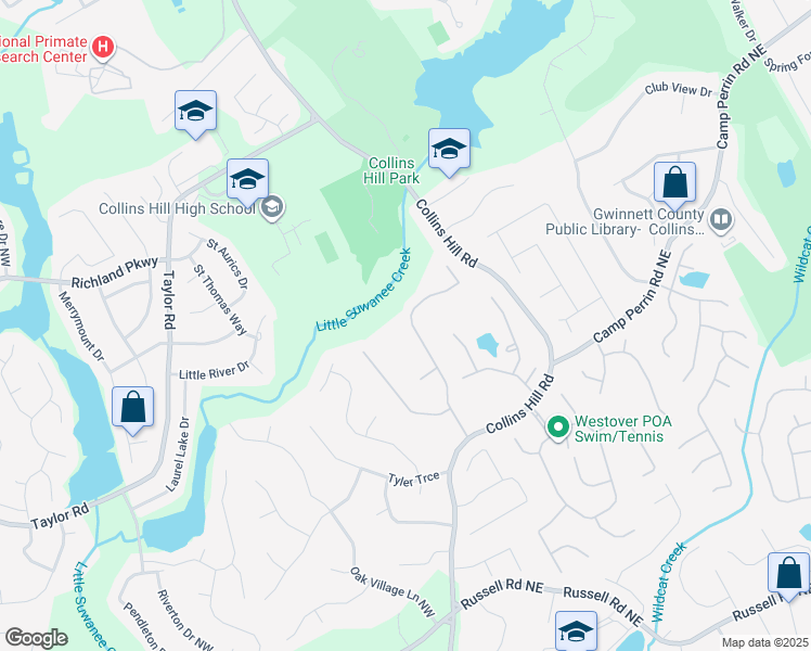 map of restaurants, bars, coffee shops, grocery stores, and more near 2150 Wildcat Cliffs Way in Lawrenceville