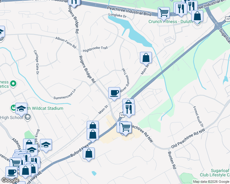 map of restaurants, bars, coffee shops, grocery stores, and more near 3567 Thornbrooke Place in Duluth