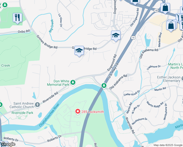map of restaurants, bars, coffee shops, grocery stores, and more near 930 Riverside Road in Roswell