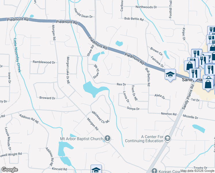 map of restaurants, bars, coffee shops, grocery stores, and more near 1614 Rex Drive in Marietta