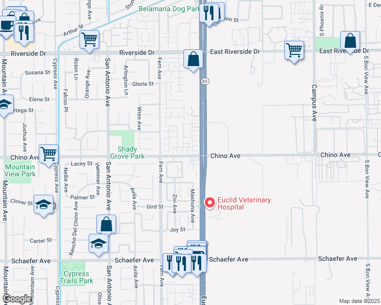 map of restaurants, bars, coffee shops, grocery stores, and more near 7025 Vining Street in Chino