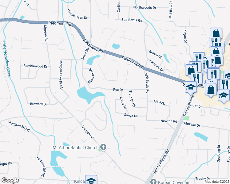 map of restaurants, bars, coffee shops, grocery stores, and more near 1628 Rex Drive in Marietta