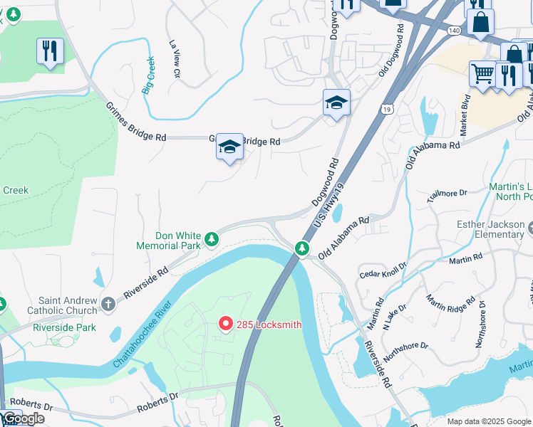 map of restaurants, bars, coffee shops, grocery stores, and more near 930 Riverside Road in Roswell