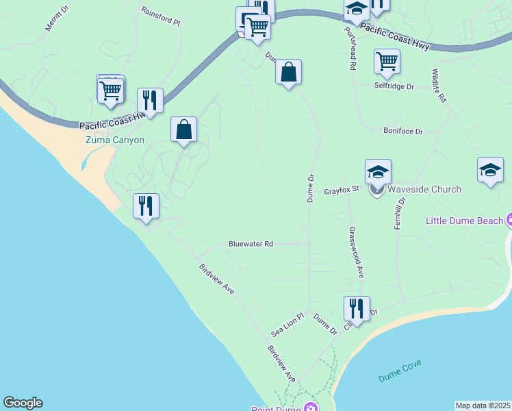 map of restaurants, bars, coffee shops, grocery stores, and more near 6767 Wandermere Road in Malibu