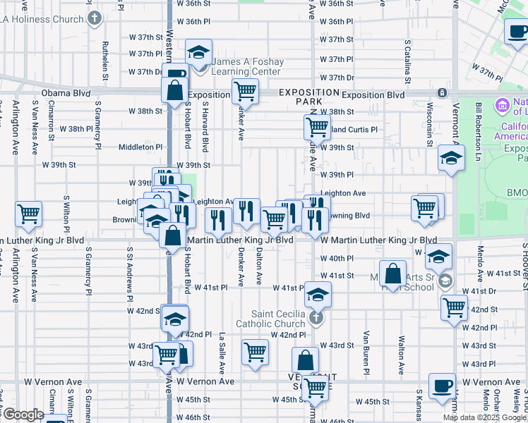 map of restaurants, bars, coffee shops, grocery stores, and more near 3970 Dalton Avenue in Los Angeles