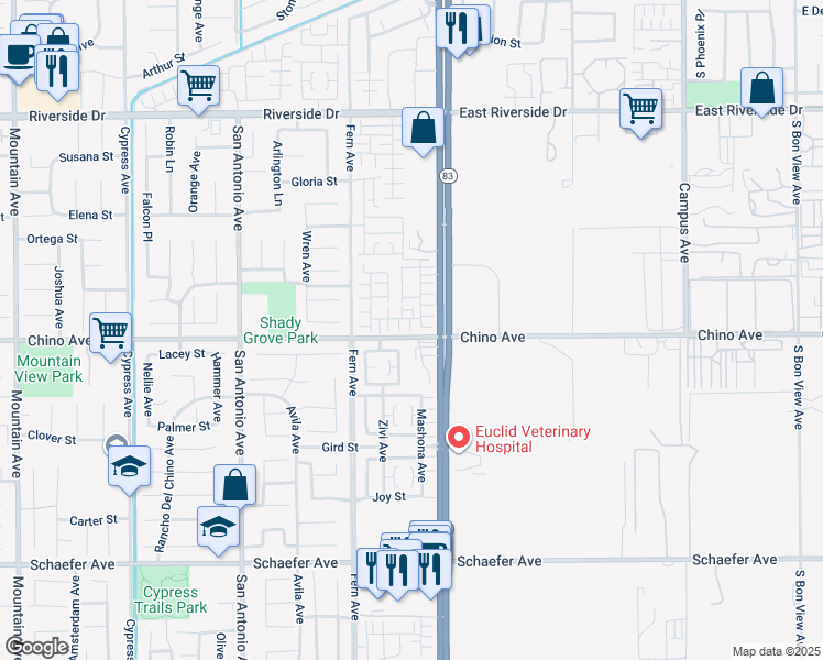 map of restaurants, bars, coffee shops, grocery stores, and more near 7011 Vining Street in Chino