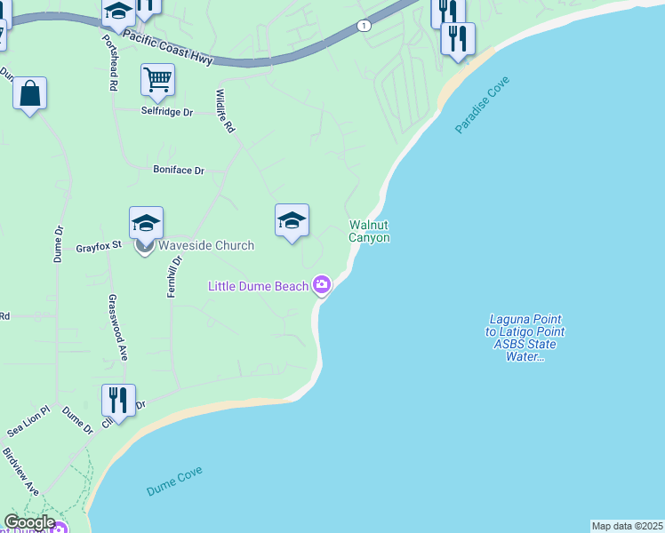 map of restaurants, bars, coffee shops, grocery stores, and more near 6962 Wildlife Road in Malibu