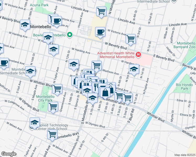map of restaurants, bars, coffee shops, grocery stores, and more near 215 North 7th Street in Montebello