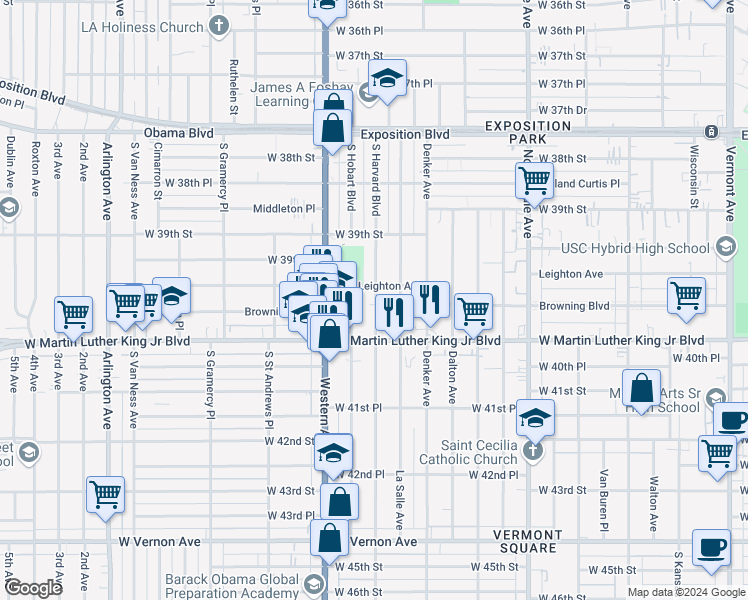 map of restaurants, bars, coffee shops, grocery stores, and more near 3963 South Harvard Boulevard in Los Angeles