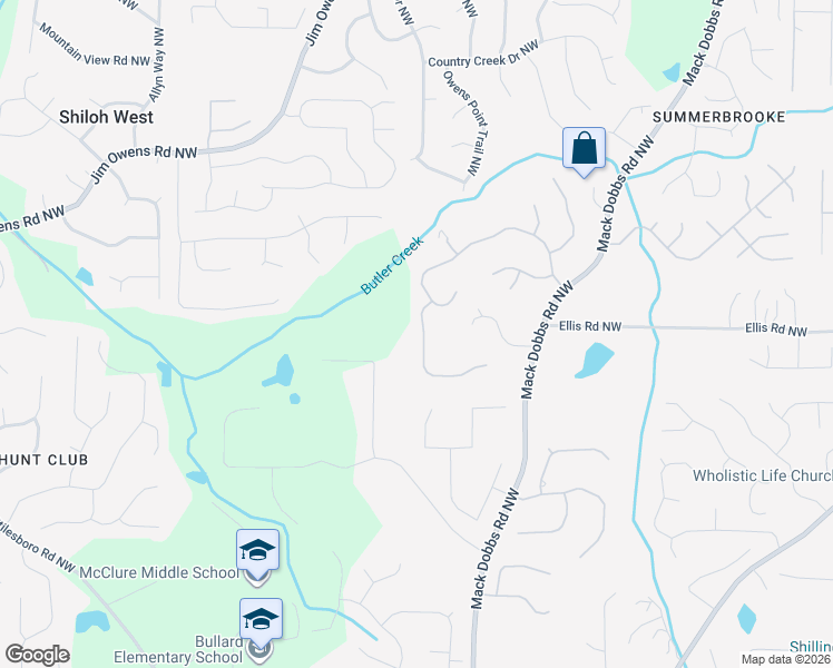 map of restaurants, bars, coffee shops, grocery stores, and more near 2351 Standing Peachtree Court Northwest in Kennesaw