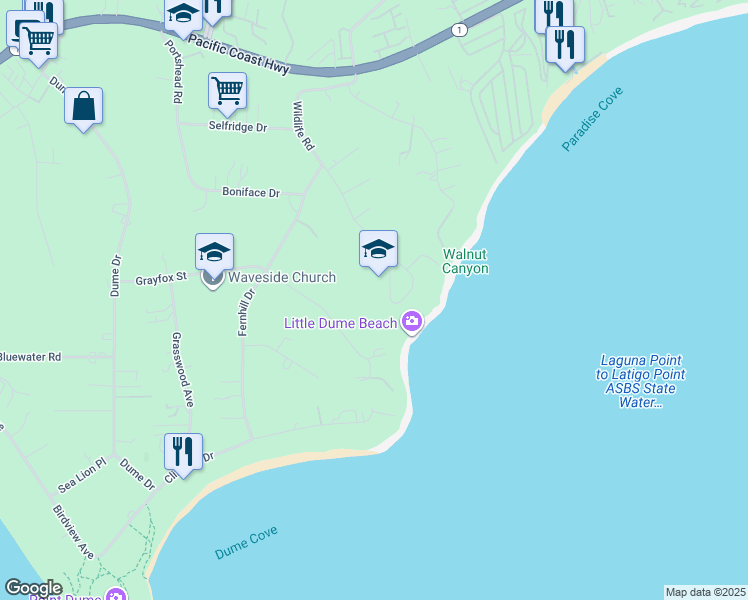 map of restaurants, bars, coffee shops, grocery stores, and more near 6945 Whitesands Place in Malibu