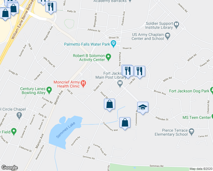 map of restaurants, bars, coffee shops, grocery stores, and more near 4581 Scales Avenue in Columbia