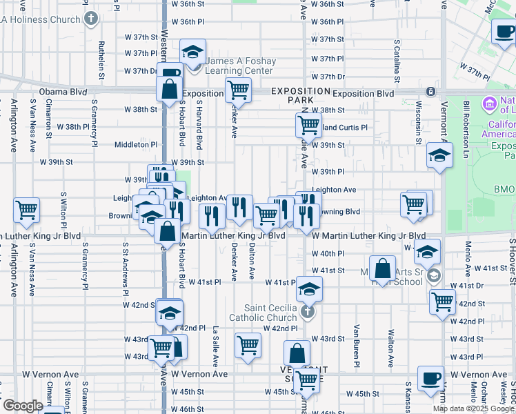 map of restaurants, bars, coffee shops, grocery stores, and more near 3970 Dalton Avenue in Los Angeles