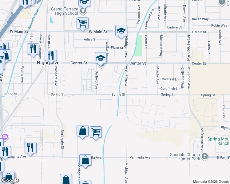 map of restaurants, bars, coffee shops, grocery stores, and more near 19418 Lone Street in Riverside