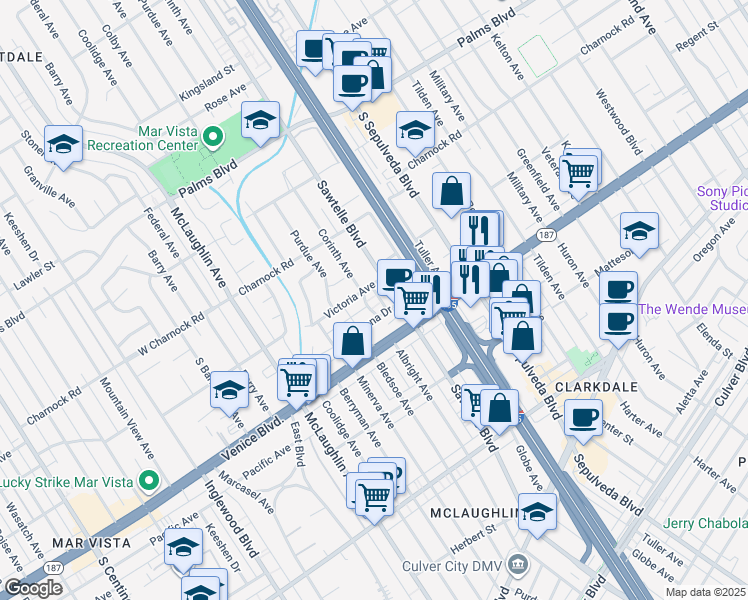 map of restaurants, bars, coffee shops, grocery stores, and more near 11342 Victoria Avenue in Los Angeles