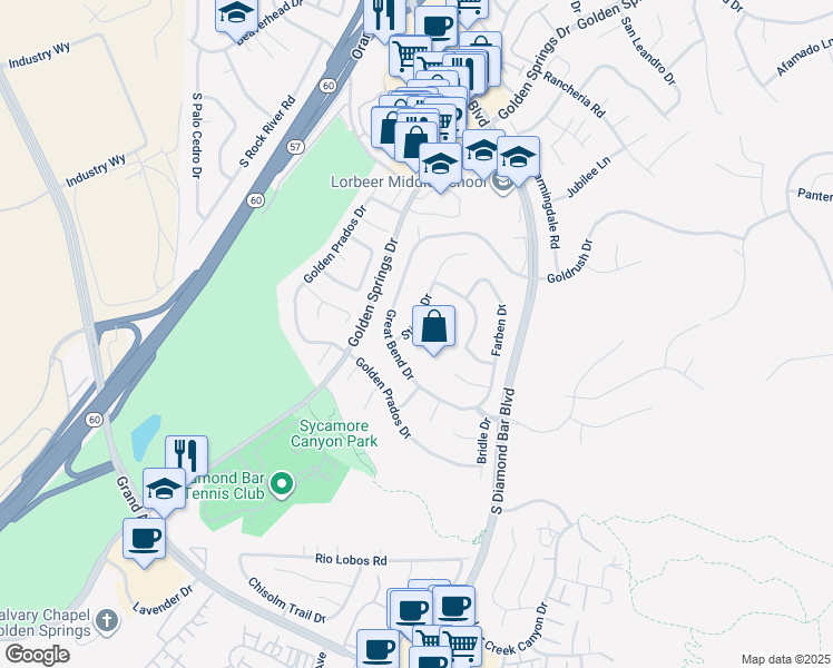 map of restaurants, bars, coffee shops, grocery stores, and more near 23326 Stirrup Drive in Diamond Bar