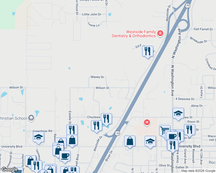 map of restaurants, bars, coffee shops, grocery stores, and more near 2605 Maxey Drive in Durant